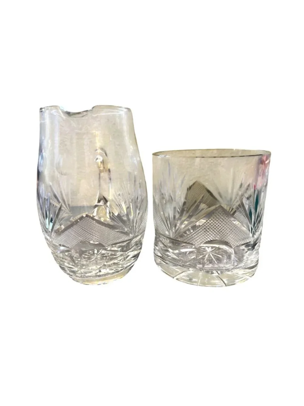 Vintage Glass Pitcher & Ice Bucket Set With Pyramid & Sunburst Design